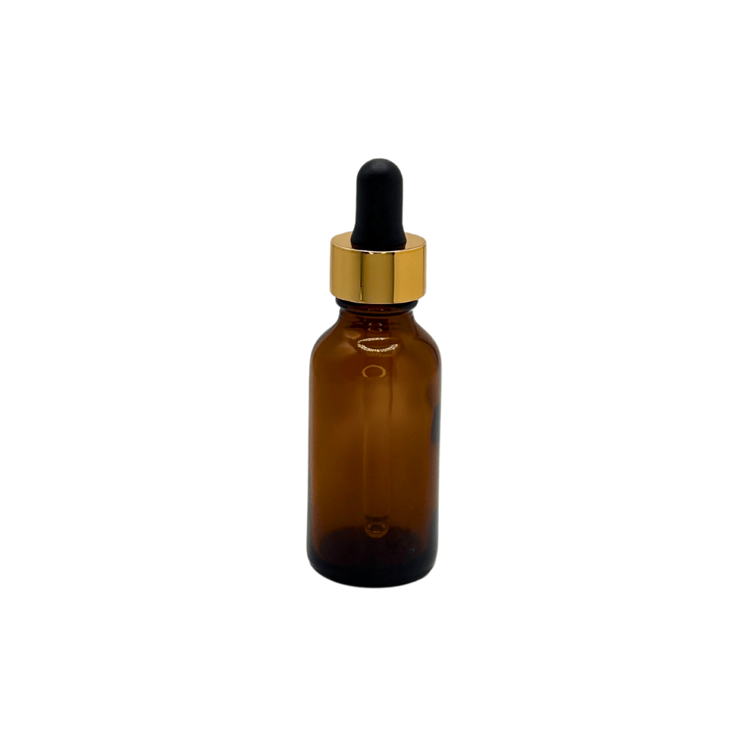 New High Glass BOSTON ROUND AMBER 1 OZ 20/400 WITH SHINY GOLD/BLACK DROPPER - Units per case - 360