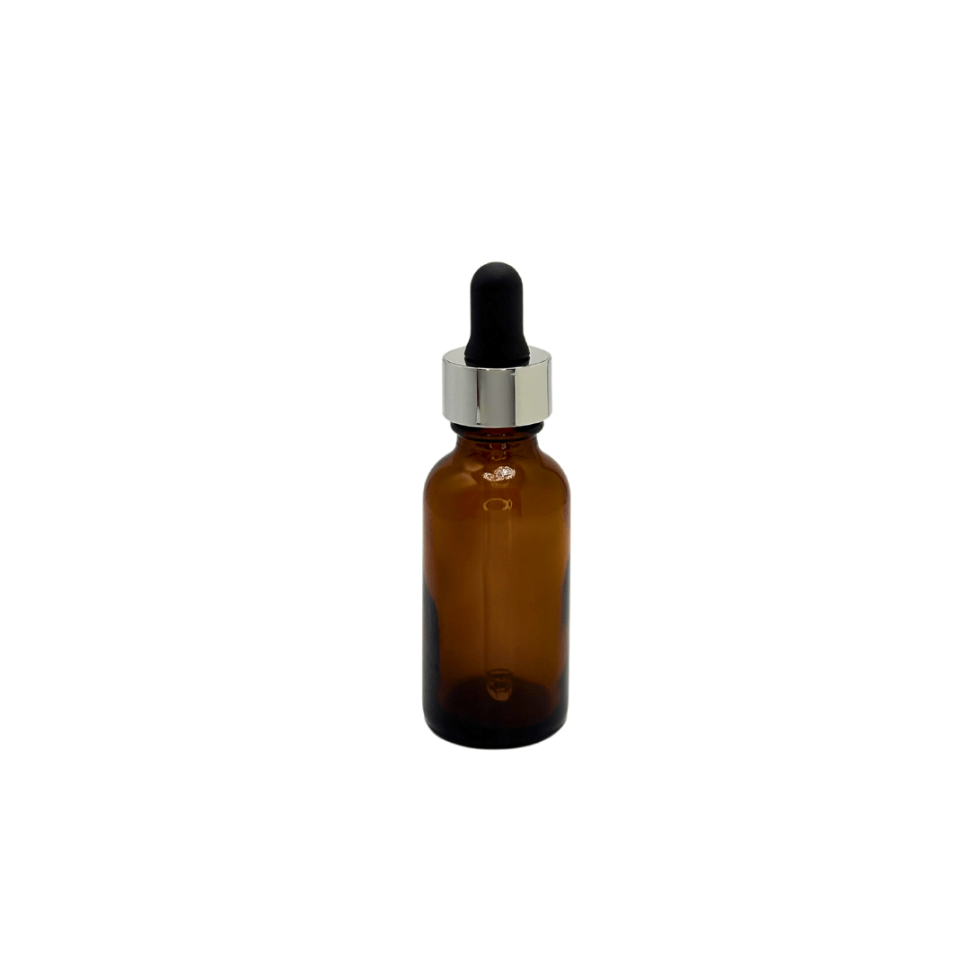 New High Glass BOSTON ROUND AMBER 1 OZ 20/400 WITH SHINY SILVER/BLACK DROPPER  - Units per case - 360