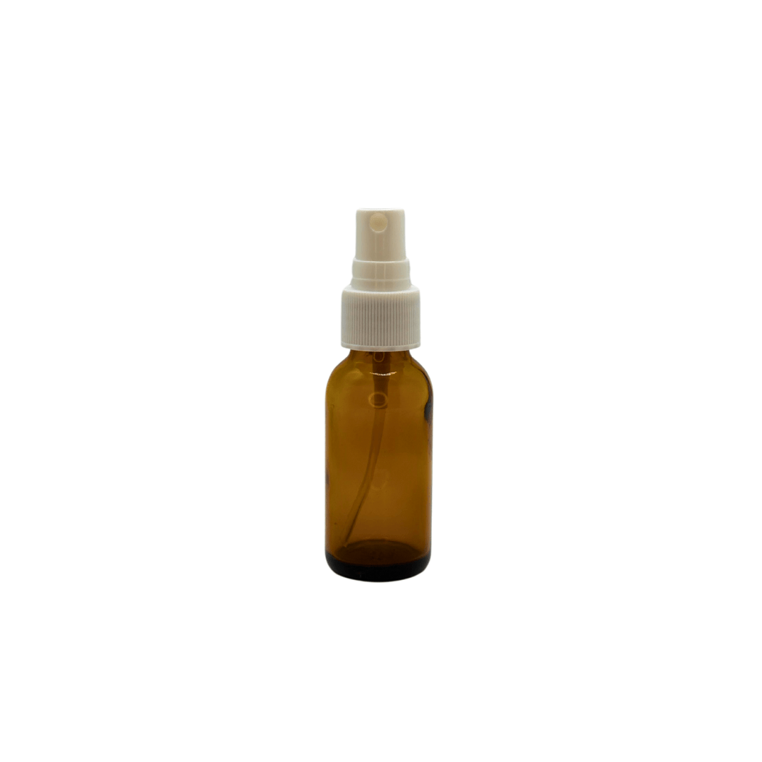 New High Glass BOSTON ROUND AMBER 1 OZ 20/400 WITH WHITE FINE RIBBED SPRAY PUMP - Units per case - 432