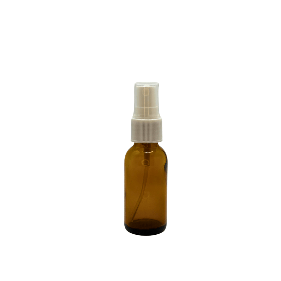 New High Glass BOSTON ROUND AMBER 1 OZ 20/400 WITH WHITE FINE RIBBED SPRAY PUMP - Units per case - 432