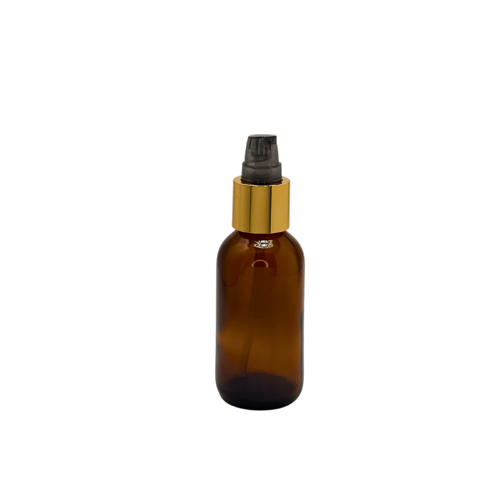 New High Glass BOSTON ROUND AMBER 2 OZ 20/400 WITH GREY/GOLD LONG NECK TREATMENT PUMP  - Units per case - 240