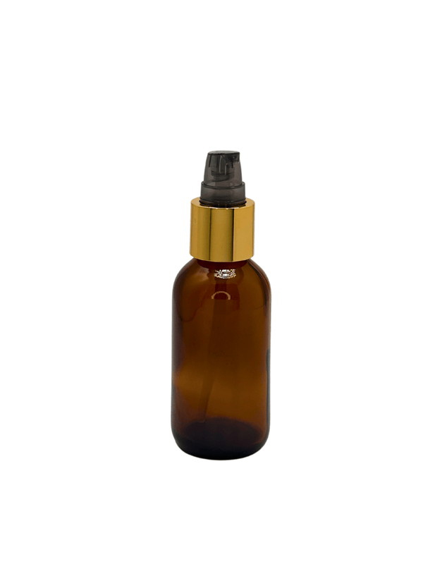 New High Glass BOSTON ROUND AMBER 2 OZ 20/400 WITH GREY/GOLD LONG NECK TREATMENT PUMP  - Units per case - 240