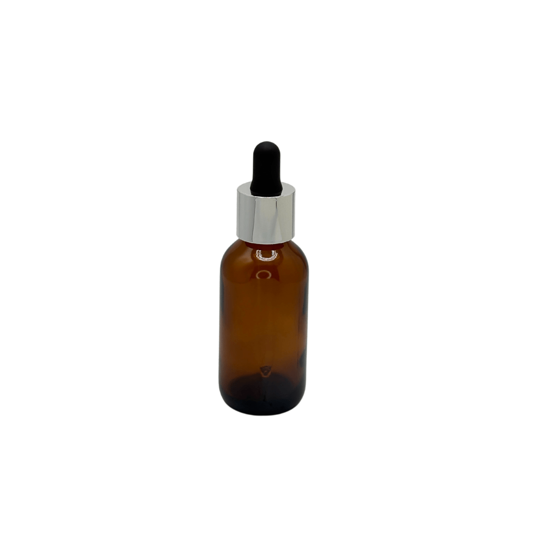 New High Glass BOSTON ROUND AMBER 2 OZ 20/400 WITH LONG NECK SHINY SILVER/BLACK DROPPER  - Units per case - 240