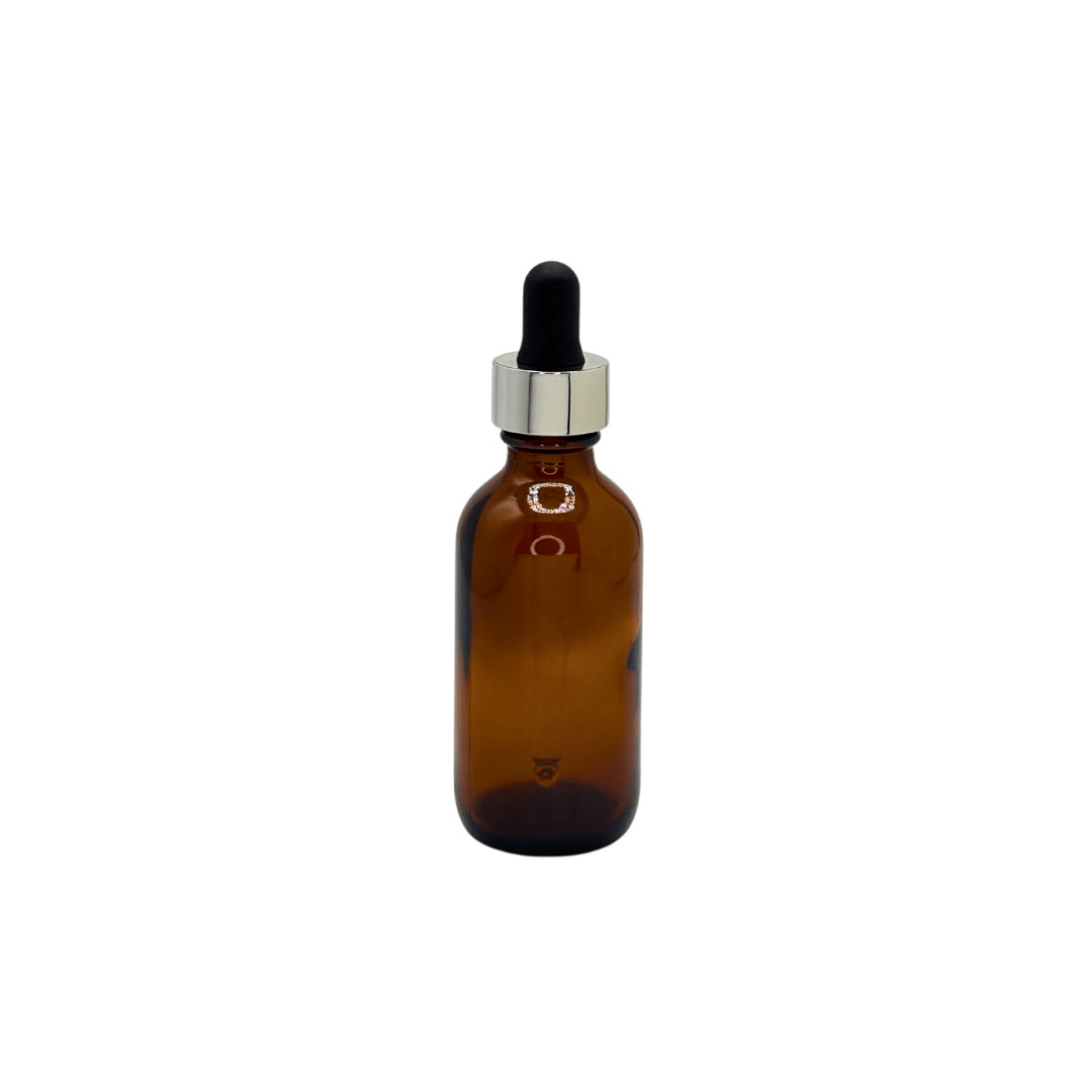 New High Glass BOSTON ROUND AMBER 2 OZ 20/400 WITH SHINY SILVER/BLACK DROPPER   - Units per case - 240