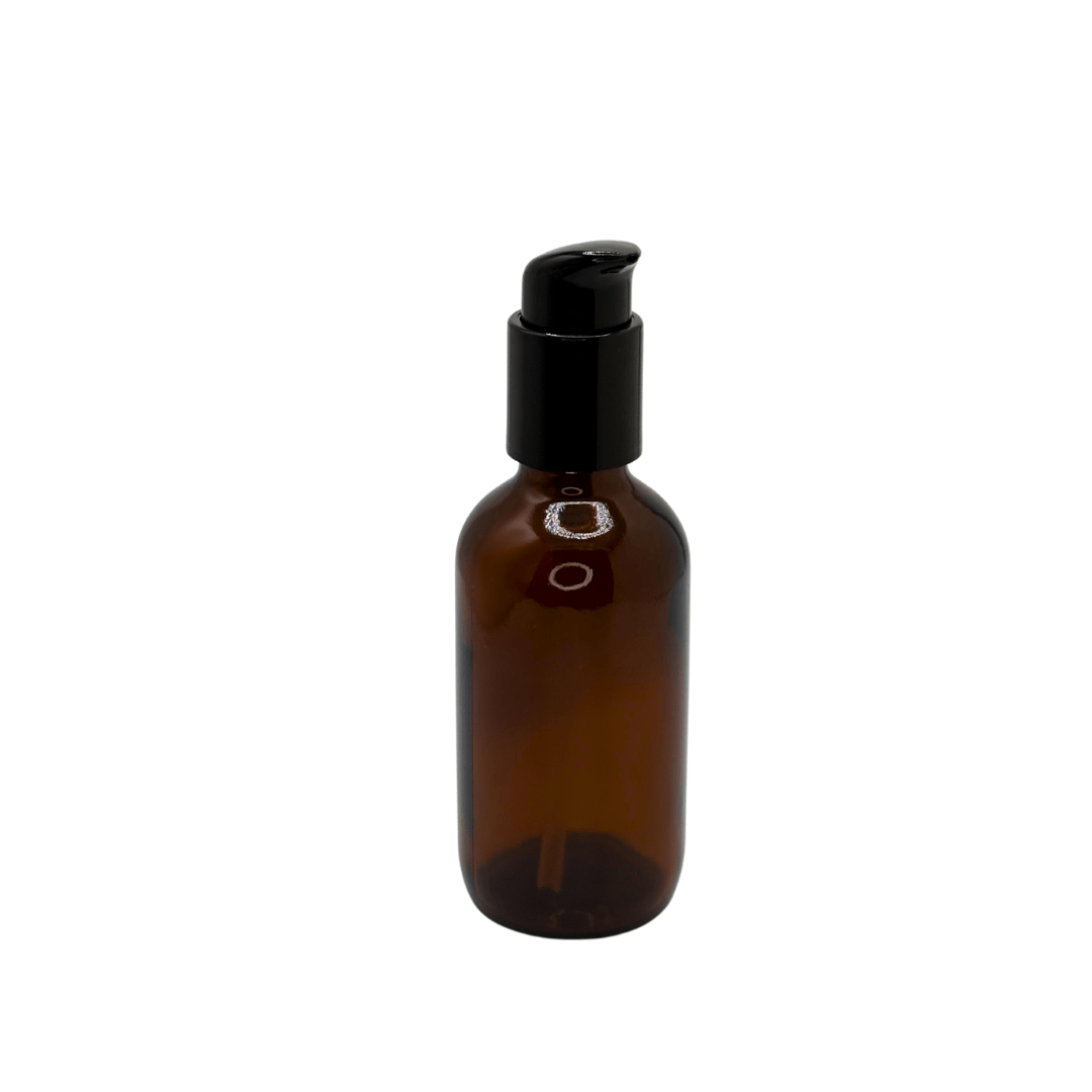 New High Glass BOSTON ROUND AMBER 4 OZ 22/400 WITH BLACK TREATMENT PUMP LOCK ON/OFF  - Units per case - 128