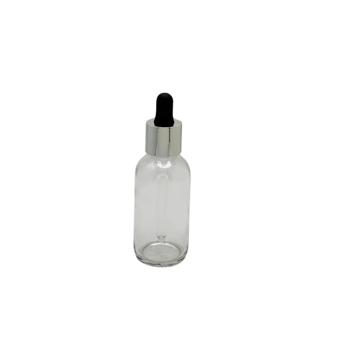 New High Glass BOSTON ROUND FLINT 2 OZ 20/400 WITH LONG NECK SHINY SILVER/BLACK DROPPER - Units per case - 240