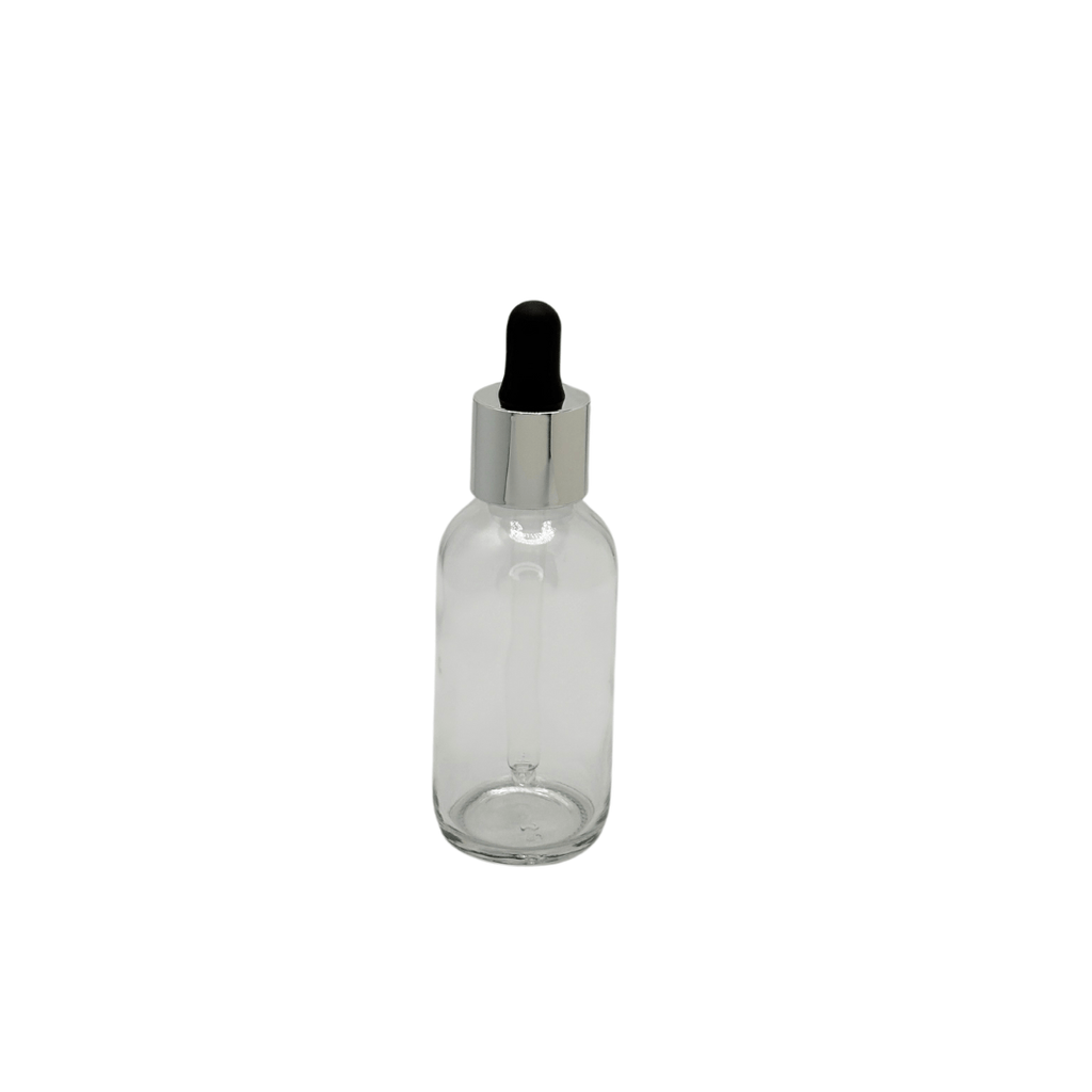 New High Glass BOSTON ROUND FLINT 2 OZ 20/400 WITH LONG NECK SHINY SILVER/BLACK DROPPER - Units per case - 240