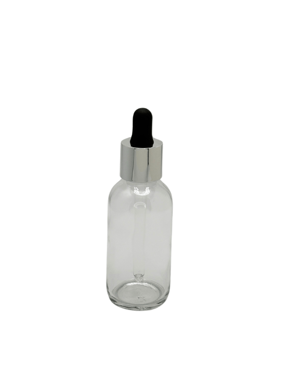 New High Glass BOSTON ROUND FLINT 2 OZ 20/400 WITH LONG NECK SHINY SILVER/BLACK DROPPER - Units per case - 240