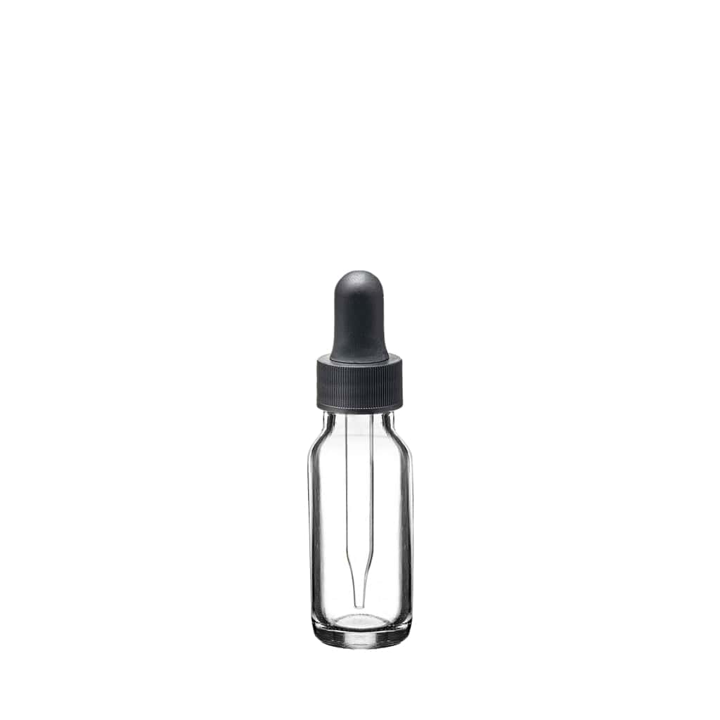 New High Glass Glass Bottle 1/2 oz - 18/400 / Black Fine Ribbed Dropper / Case Pack (see table below) Boston Round Clear