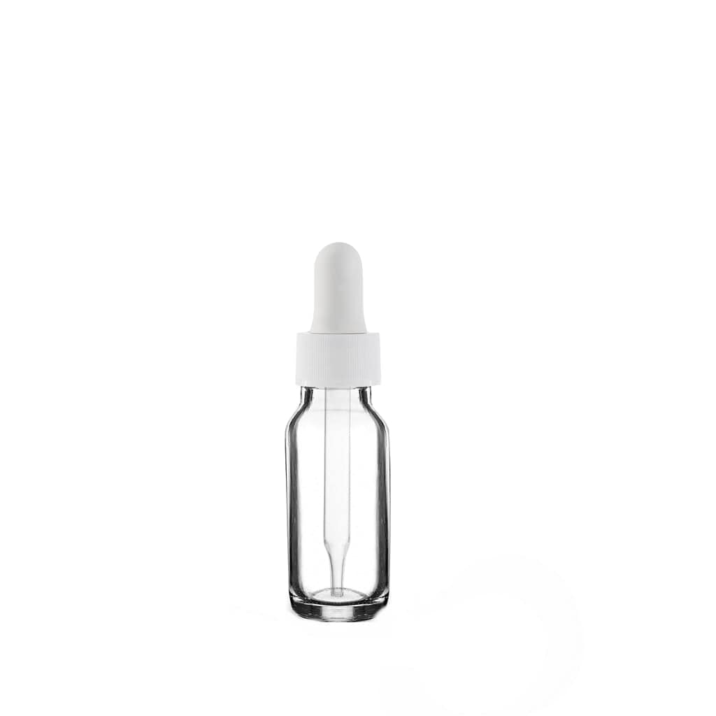New High Glass Glass Bottle 1/2 oz - 18/400 / White Fine Ribbed Dropper / Case Pack (see table below) Boston Round Clear