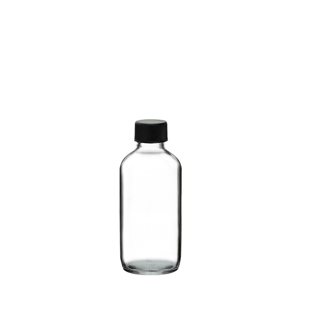 New High Glass Glass Bottle 1 oz - 20/400 / Black Fine Ribbed Cap / Case Pack (see table below) Boston Round Clear