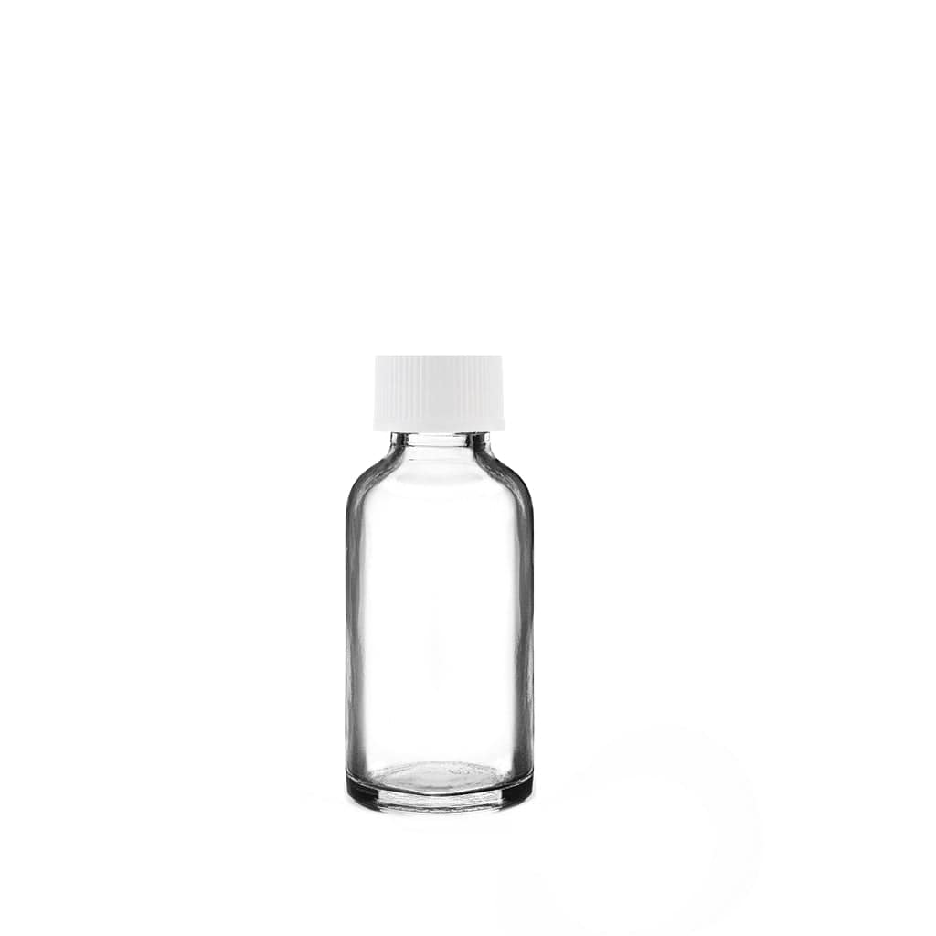 New High Glass Glass Bottle 1 oz - 20/400 / White Fine Ribbed Cap / Case Pack (see table below) Boston Round Clear