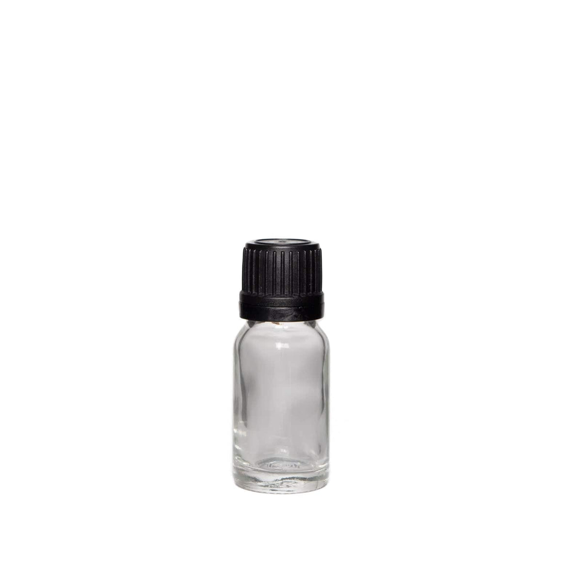 New High Glass Glass Bottle 10ml - DIN18 / Black Fine Ribbed Cap TE w Vertical Dropper 1mm / Case Pack (see table below) Dropper Bottle Clear DIN18