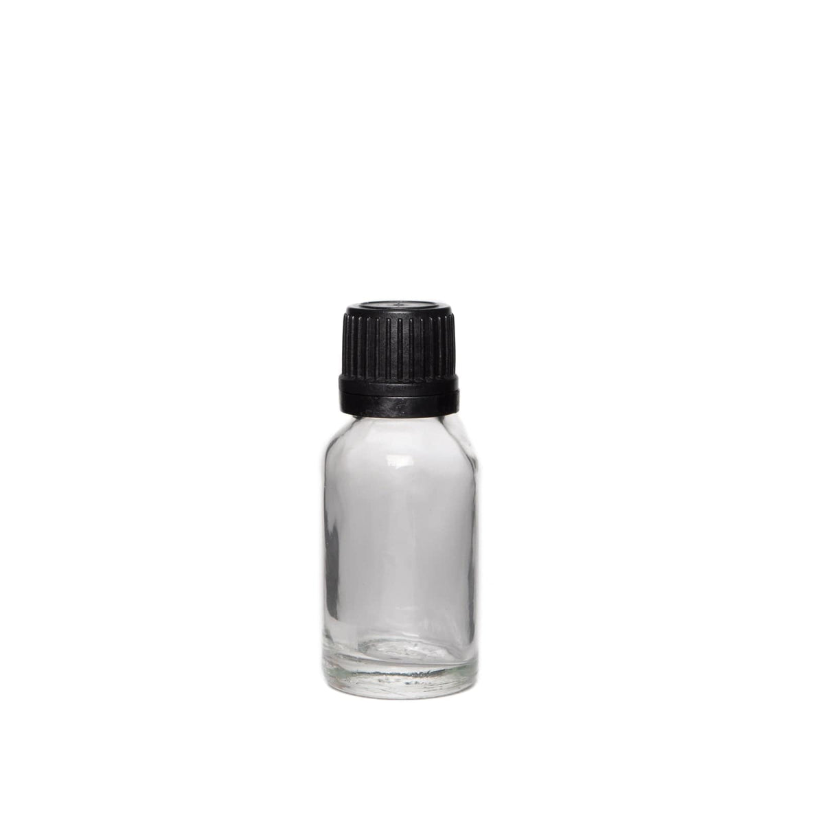 New High Glass Glass Bottle 15ml - DIN18 / Black Fine Ribbed Cap TE w Vertical Dropper 1mm / Case Pack (see table below) Dropper Bottle Clear DIN18