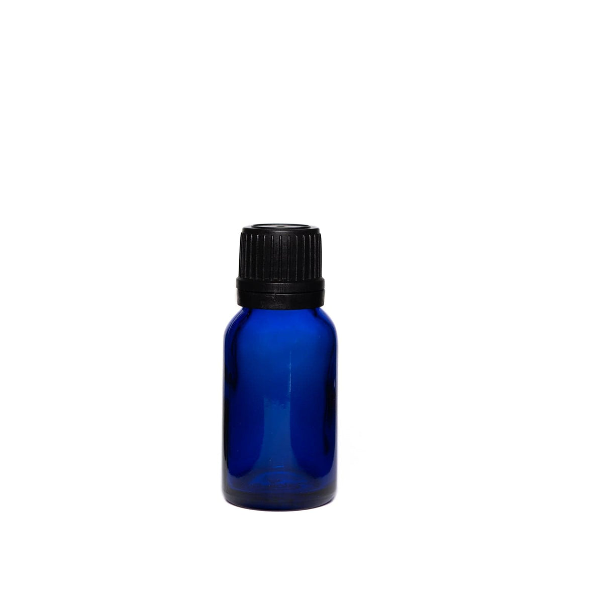 New High Glass Glass Bottle 15ml - DIN18 / Black Fine Ribbed Cap TE w Vertical Dropper 1mm / Case Pack (see table below) Dropper Bottle Cobalt Blue DIN18