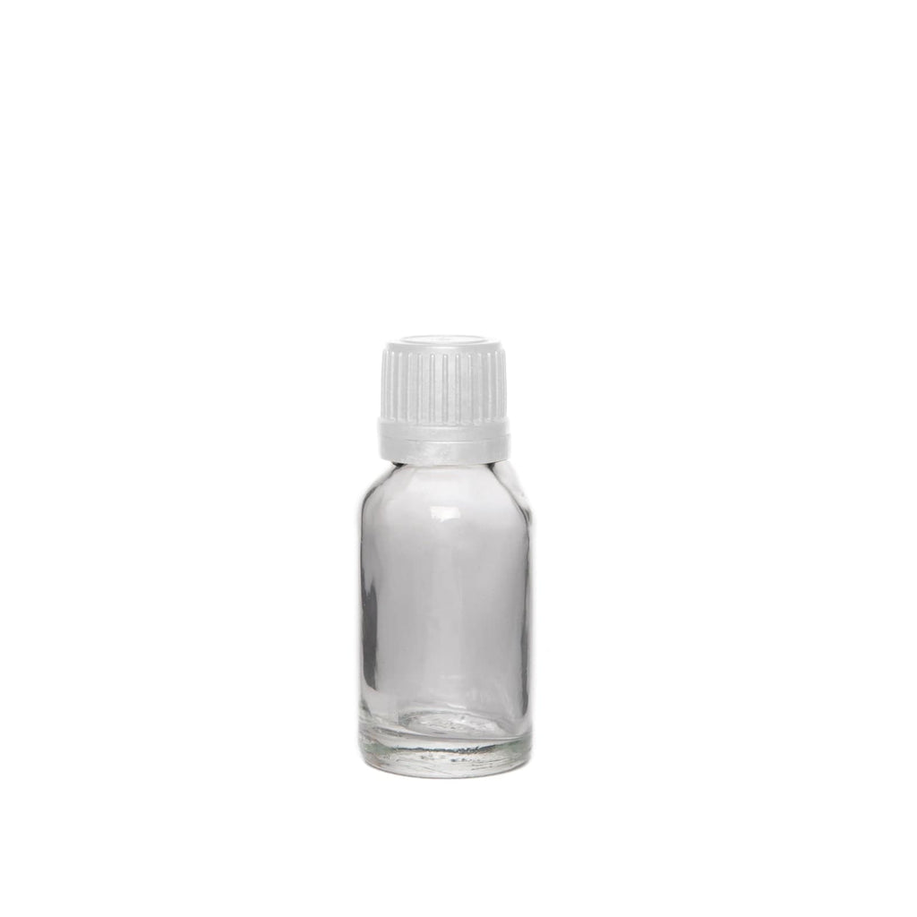 New High Glass Glass Bottle 15ml - DIN18 / White Fine Ribbed Cap TE w Vertical Dropper 1mm / Case Pack (see table below) Dropper Bottle Clear DIN18