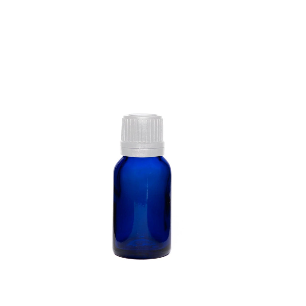 New High Glass Glass Bottle 15ml - DIN18 / White Fine Ribbed Cap TE w Vertical Dropper 1mm / Case Pack (see table below) Dropper Bottle Cobalt Blue DIN18