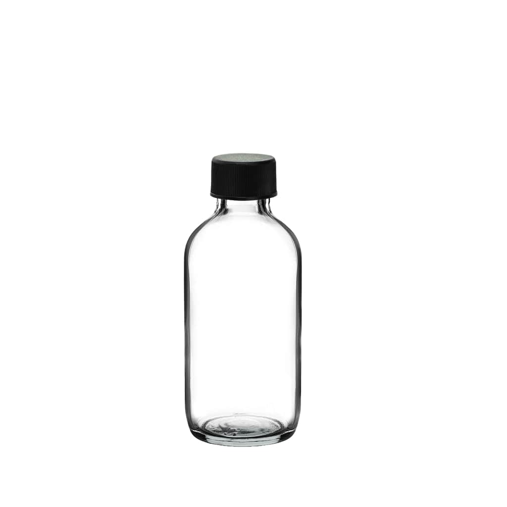 New High Glass Glass Bottle 2 oz - 20/400 / Black Fine Ribbed Cap / Case Pack (see table below) Boston Round Clear