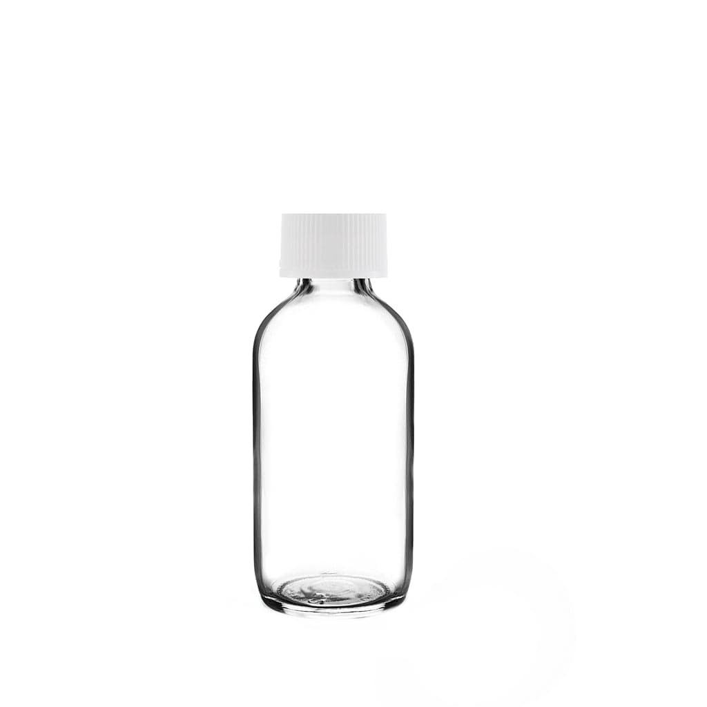 New High Glass Glass Bottle 2 oz - 20/400 / White Fine Ribbed Cap / Case Pack (see table below) Boston Round Clear