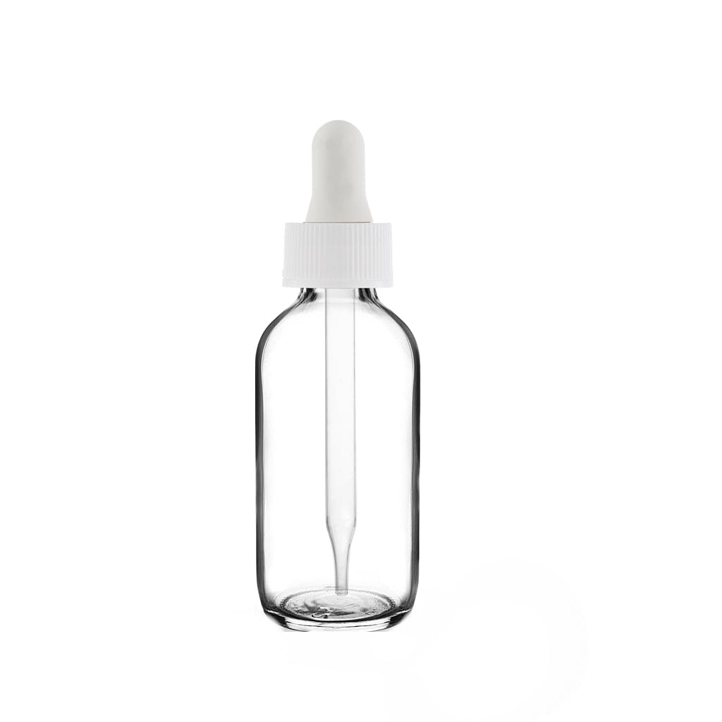 New High Glass Glass Bottle 2 oz - 20/400 / White Fine Ribbed Dropper / Case Pack (see table below) Boston Round Clear