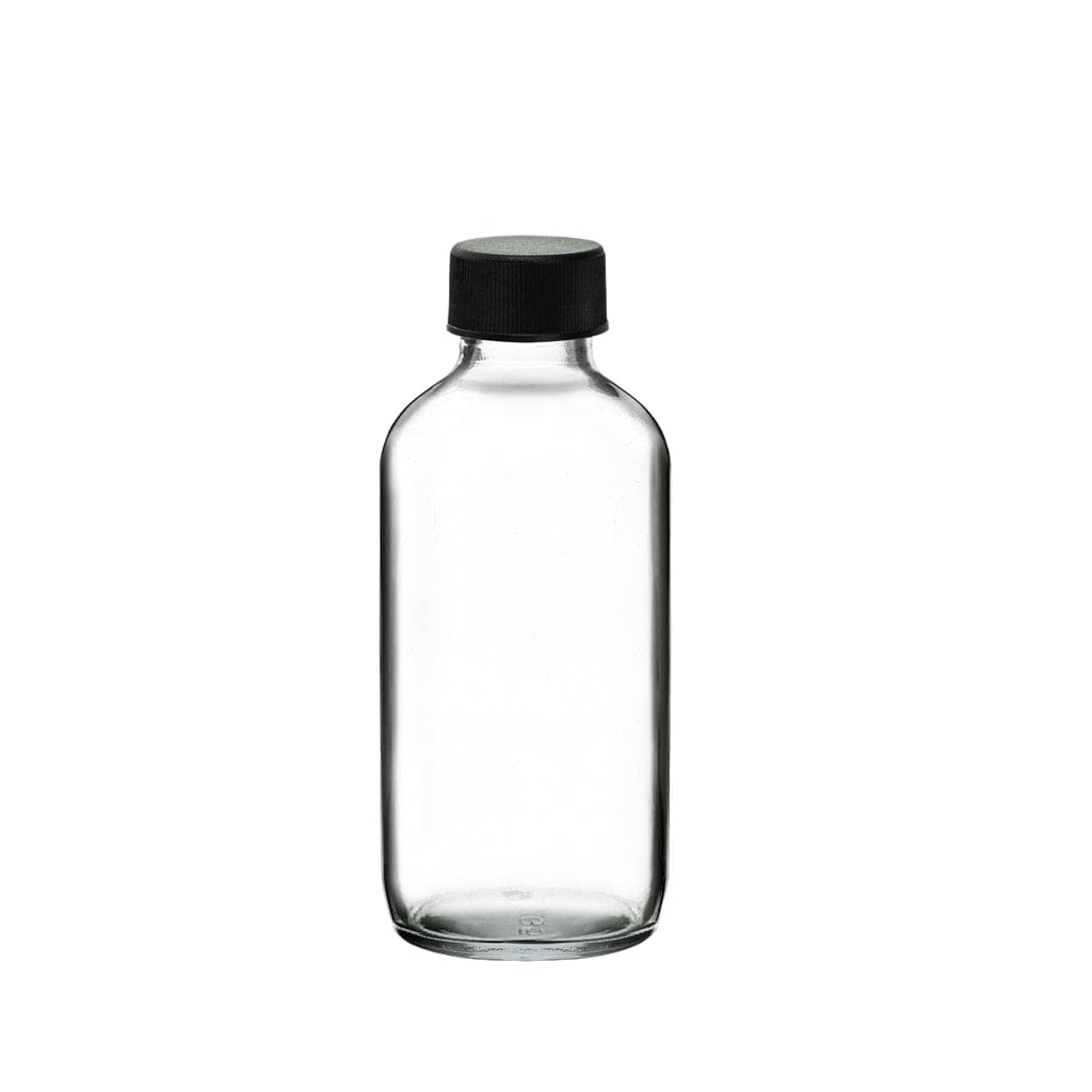 New High Glass Glass Bottle 4 oz - 22/400 / Black Fine Ribbed Cap / Case Pack (see table below) Boston Round Clear