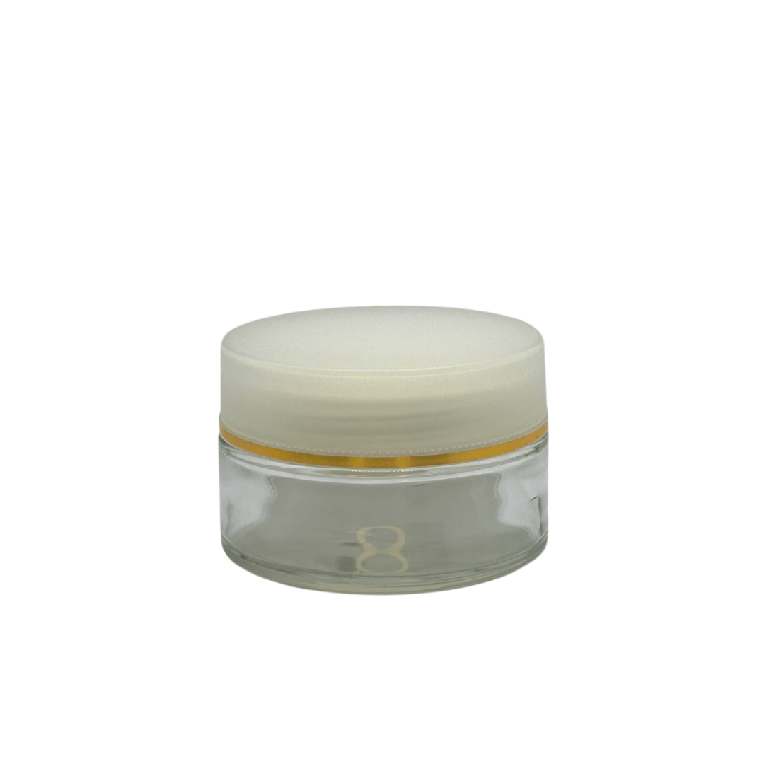 New High Glass LAURENCE  FLINT JAR 100ML WITH NATURAL CAP & GOLD BAND - Units per case - 48