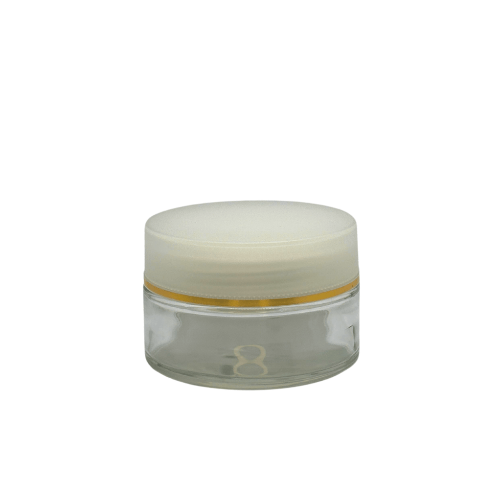 New High Glass LAURENCE  FLINT JAR 100ML WITH NATURAL CAP & GOLD BAND - Units per case - 48