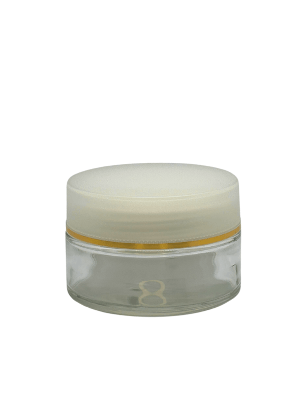 New High Glass LAURENCE  FLINT JAR 100ML WITH NATURAL CAP & GOLD BAND - Units per case - 48