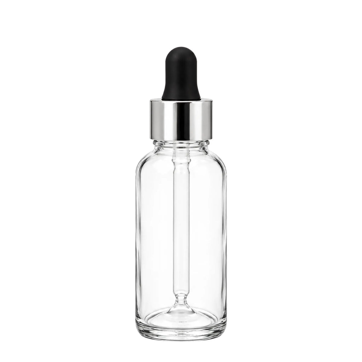 New High Glass Shiny Silver Long Neck BOSTON ROUND FLINT 2 OZ 20/400 WITH LONG NECK SHINY SILVER/BLACK DROPPER - Units per case - 240
