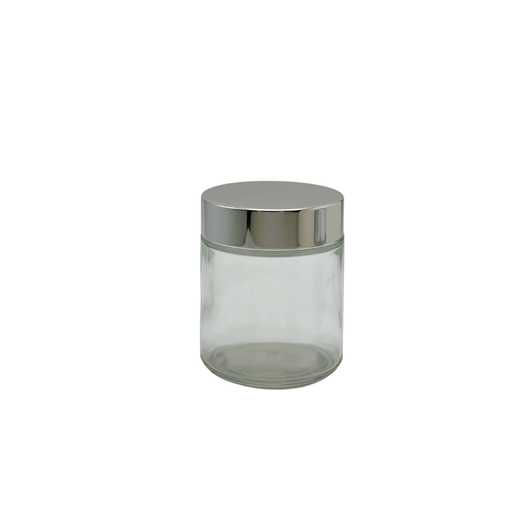 New High Glass STRAIGHT SIDED 4 OZ 58/400 JAR WITH SHINY SILVER CAP - Units per case - 144