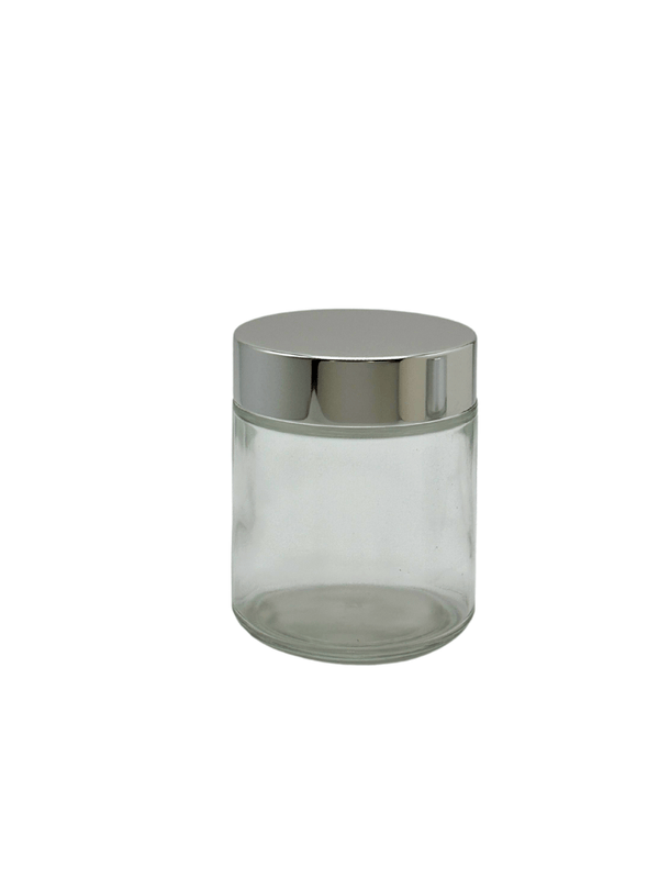 New High Glass STRAIGHT SIDED 4 OZ 58/400 JAR WITH SHINY SILVER CAP - Units per case - 144